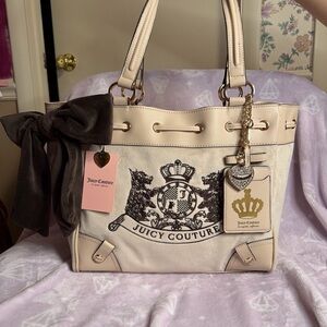 Juicy Couture Cream Scottie Dog Tote Bag with Crest and Charm